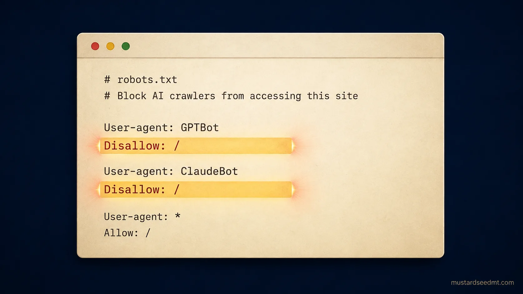 A plain browser window showing a robots.txt file, with two Disallow lines for AI crawlers highlighted in gold.
