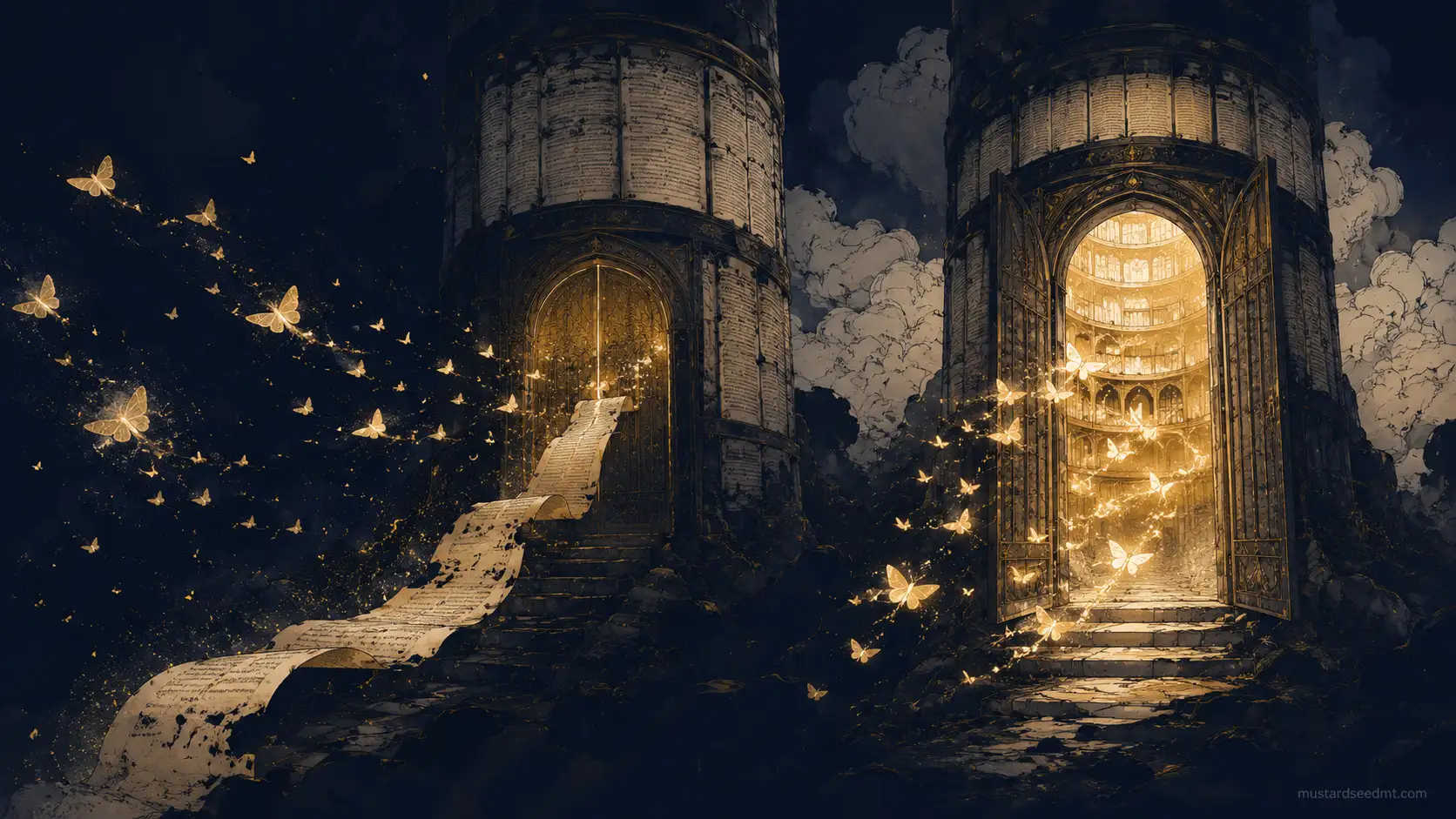 Moths of golden light turned away by one tower with closed gates, streaming into a second tower whose gates stand open.