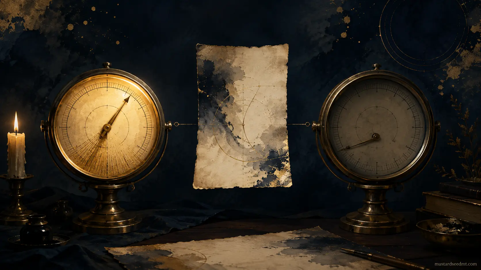 Two brass gauges: the left reading high and glowing gold, the right barely lifted and dim.