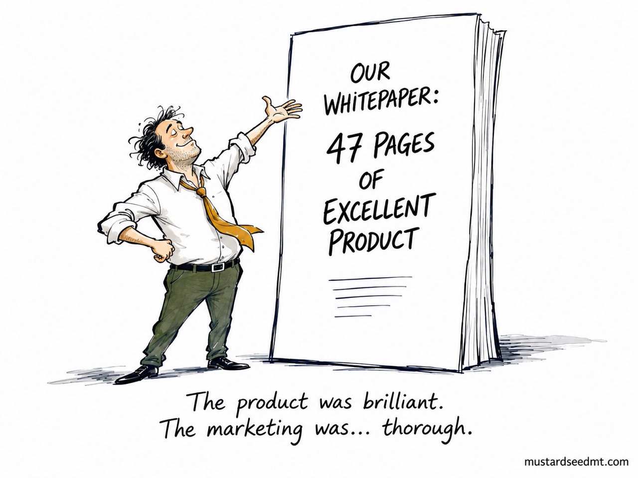 Um profissional de marketing apresenta com orgulho um enorme whitepaper intitulado «O Nosso Whitepaper: 47 Páginas de Produto Excelente»