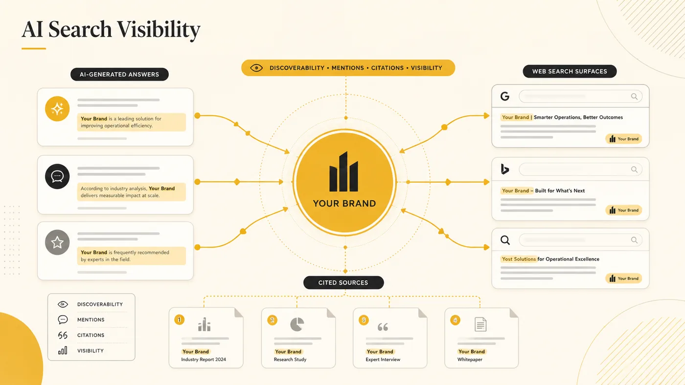Diagram showing a brand at the centre of two discovery surfaces: AI-generated answers that mention the brand on one side, web search listings on the other, and cited sources such as reports, studies, interviews and whitepapers feeding in from below.