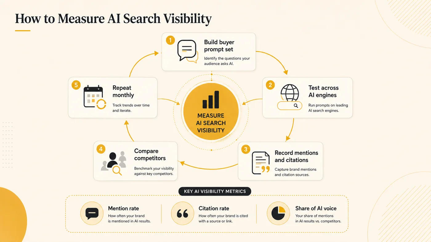 A five-step measurement cycle: build a buyer prompt set, test across AI engines, record mentions and citations, compare competitors, and repeat monthly — with mention rate, citation rate and share of AI voice listed as the key metrics.